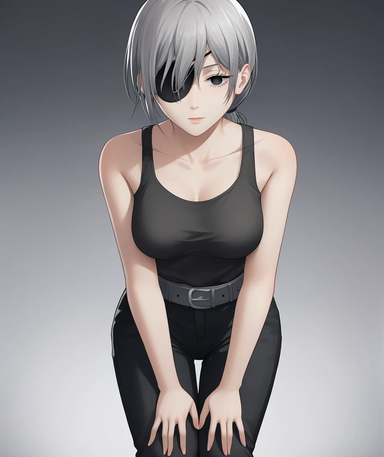 score_9, score_8_up, source_anime, highres, hi res, best quality, masterpiece, 2d, intricate details, official style, anime, 4k, anime style,
1girl, solo, female, long hair, black eyes, grey hair, ponytail, hair over one eye, eyepatch, one eye covered, quanxi \(chainsaw man\), chainsaw man,
breasts, medium breasts,
shirt, bare shoulders, collarbone, pants, belt, black shirt, black pants, tank top, shirt tucked in, black tank top, high-waist pants,
sitting, leaning forward, hands on own knees, cowboy shot, foreshortening, looking at viewer, black background, simple background, blurry background, gradient background, <lora:Quanxi1024_Pony:1>
