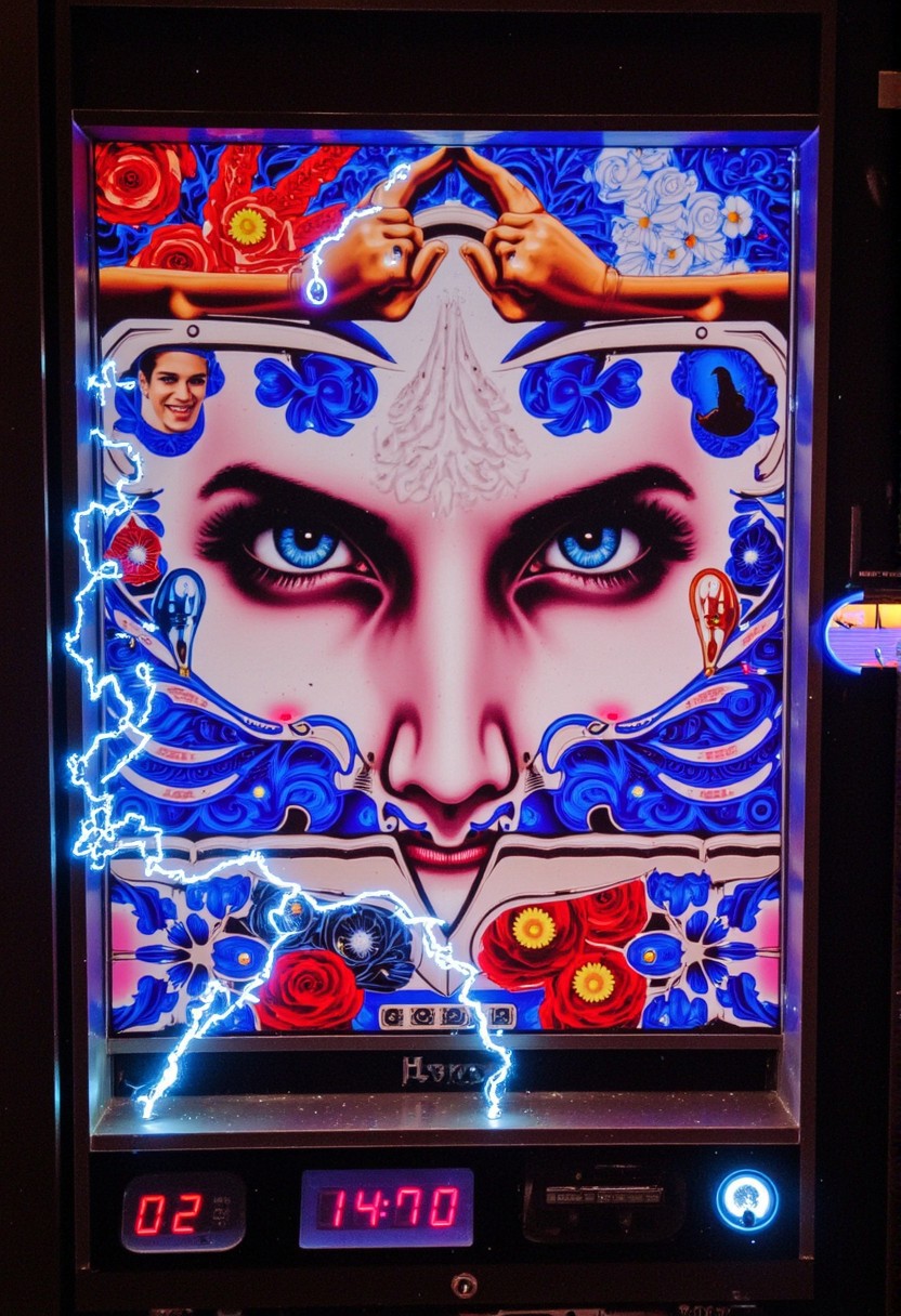 Slot machine graphics from front view . Disturbing scenes of addiction, people injecting drugs heroin, white powder, drinking alcohol smoking cigarettes. very strange surrealist style with holographic vortex featuring swirls of holotropic colour and glowing eyes wet distorted factory shot. On the television sets are glowing hands, with electricity coming off the finger tips. swirling around