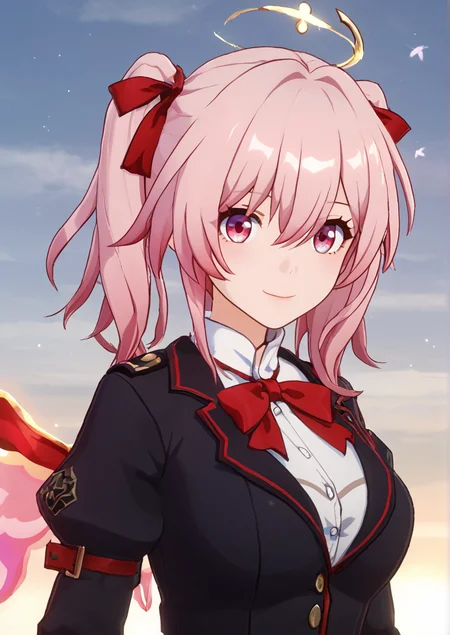 1girl, kaname madoka, huge breast, 3d, angel wings, arms at sides, backlighting, bow, bowtie, close-up, closed mouth, dot nose, feathered wings, feathers, hair between eyes, hair ribbon, happy, high collar, juliet sleeves, leaning, leaning to the side, light blush, long sleeves, looking at viewer, mitakihara school uniform, neck ribbon, pink eyes, pink hair, puffy sleeves, red bow, red bowtie, red ribbon, ribbon, school uniform, short twintails, silhouette, smile, solo, tareme, transparent wings, twintails, uniform, upper body, wings, zPDXL3<lora:honkai_star_rail_3d_style:1>