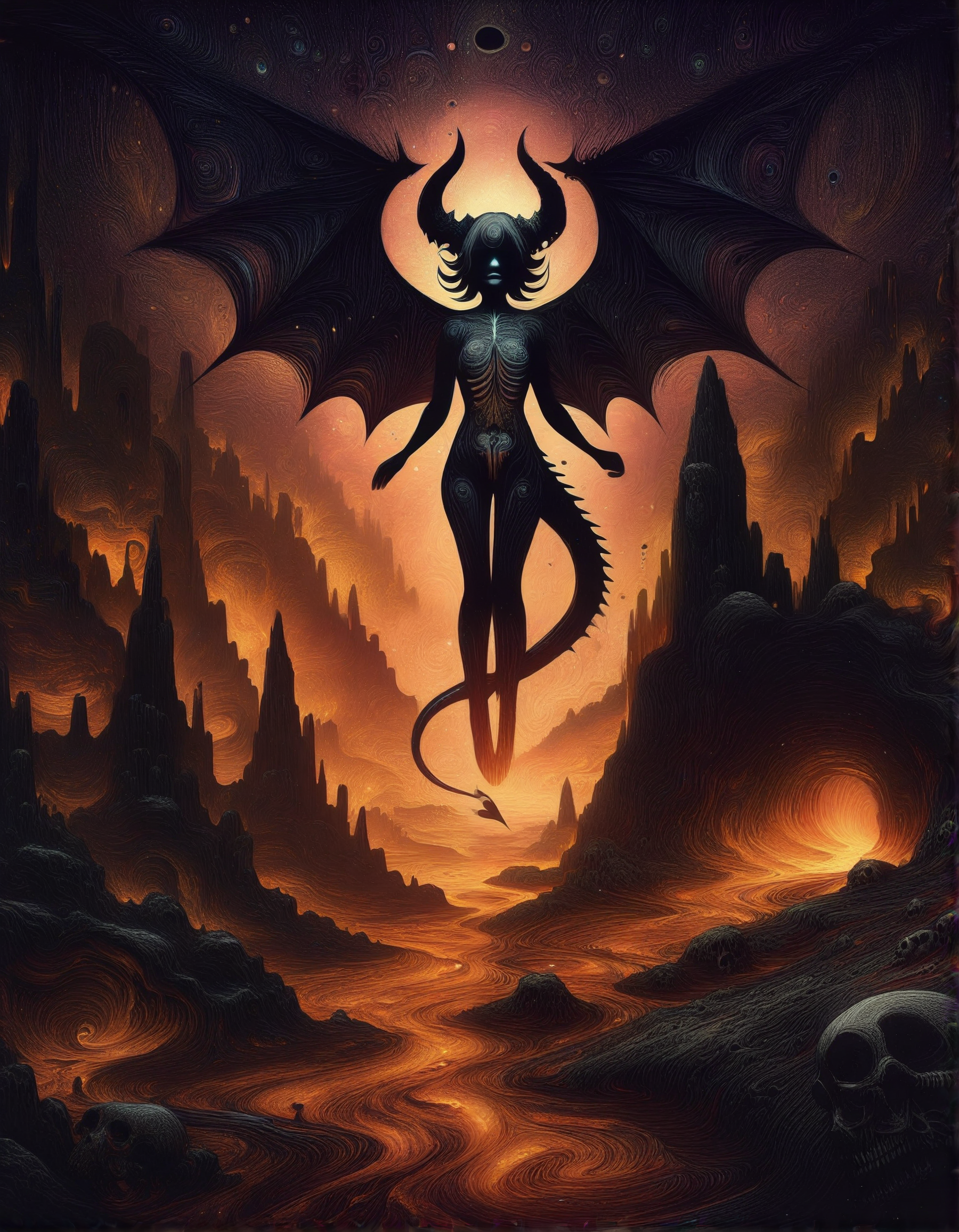 trippy artwork, illustration, abstract, 1girl, demon, horns, tail, wings, perfect body, pretty face, flying through hell, lava flows, rock columns, gigantic cave, bones, skull, ancient black monuments and ruins and structures, lavafalls, smoke, ash particles, ash layer, demonic vegetation, mandala, dark, eerie, high contrasts