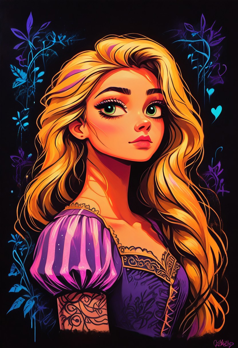 score_9, score_8_up, score_7_up, score_6_up, aesthetic, s1_dram, ncpy13 style,RapunzelWaifu ,  pastels drawing, deep black background,  Using deep blue, gold and black colors create A beautiful young woman dressed as the queen of hearts sits on a throne. She's wearing a flowing purple dress with gold accents  The style is a dark fantasy setting, upperbody portrait, elegant, intricate details.blgStyle, black background, s1_dram, ncpy13 style, pastels drawing, RapunzelWaifu, purple dress, puffy sleeves, very long hair, blonde, green eyes