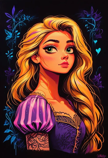 score_9, score_8_up, score_7_up, score_6_up, aesthetic, s1_dram, ncpy13 style,RapunzelWaifu , pastels drawing, deep black background, Using deep blue, gold and black colors create A beautiful young woman dressed as the queen of hearts sits on a throne. She's wearing a flowing purple dress with gold accents The style is a dark fantasy setting, upperbody portrait, elegant, intricate details.blgStyle, black background, s1_dram, ncpy13 style, pastels drawing, RapunzelWaifu, purple dress, puffy sleeves, very long hair, blonde, green eyes