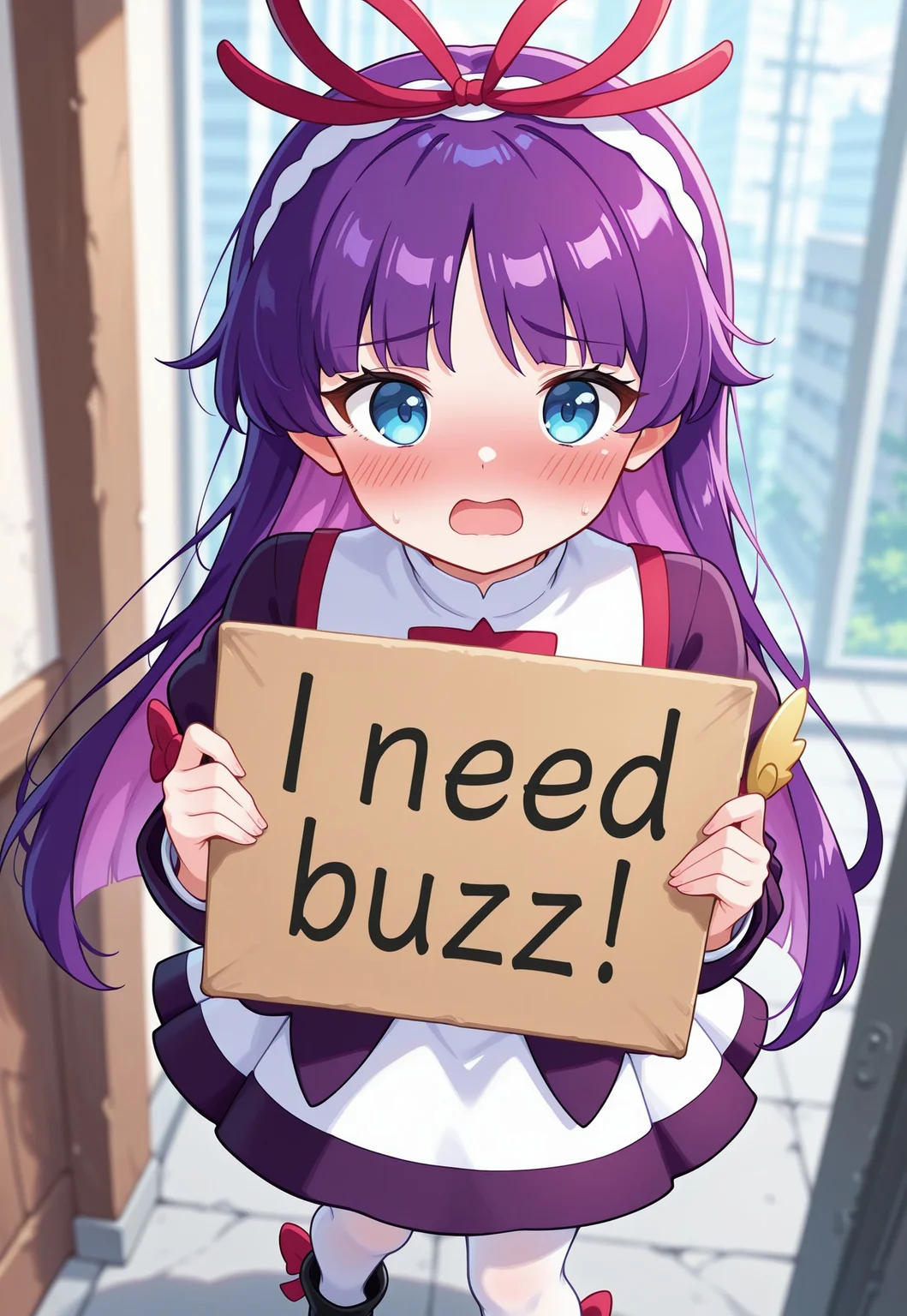 <lora:PFeli_SDXL_Illustrious01_fp16_ver01:1>,PFeli, 1girl, long hair,purple hair, white pantyhose, dress, red ribbon, blue eyes, black footwear, long sleeves, red bow, hairband, (need_buzz, holding sign:1.2), shy, embarrassed, blush, open mouth, cute, masterpiece, best quality, very aesthetic, absurdres,<lora:detailed_hands:1>,hand