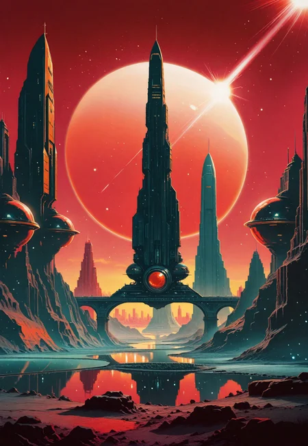 landscape, giant arc, skyscrapers, cityscape, pond, reflections, crimson sky, space ship, dramatic sunset, sun rays, light particles, lens flares, bridge, architecture, scenery, no humans, cyberpunk, science fiction, dystopian, anime screencap, painterly, volumetric lighting, no line art, no outline, photo (medium), fine art, masterpiece, best quality, good quality, very awa, very aesthetic, absurdres, newest, 8k, high contrast, in the style of cknc,