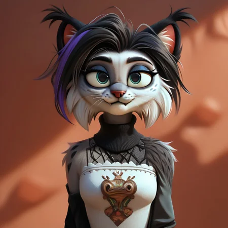 digital_media_(artwork) hi_res, score_9, score_8_up, score_7_up, score_6_up, score_5_up, score_4_up, rating_safe, beautiful, intricate, high quality details, highly detailed, amazing quality, anthro, furry, female, detailed textured fur, fur tufts, fluffy, cute, cute face, small, detailed sexy eyes, solo, SFW, lynx, expressive, sassy, long sleeveless halter neck sweater, baggy denim pants, clothed slim, clothed slender, clothed skinny, multicolored hair, streaked hair, absurdres, highres, goth, heavy eyeliner, heavy eye shadow, breasts, fingerless gloves, sleeveless leather jacket, vivid colors, by zazush-una