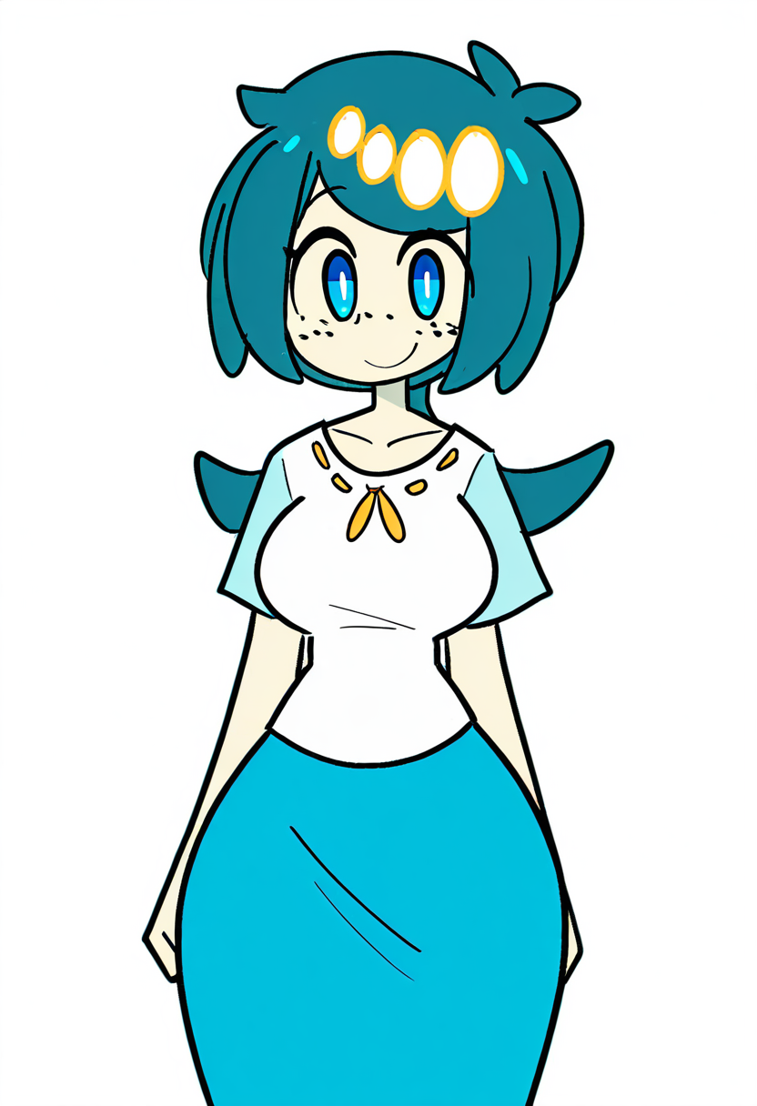 masterpiece, best quality, medium breasts, (curvy),   BREAK, zzLanasMother, lana's mother (pokemon)  blue hair, blue eyes, long hair, freckles, large breasts, hair ornament, white shirt, blue skirt, <lora:LanasMotherPokemon_NAI:1.0>,smile, looking at viewer, cowboy shot,   <lora:ToonCAT_NAI:1.0>,