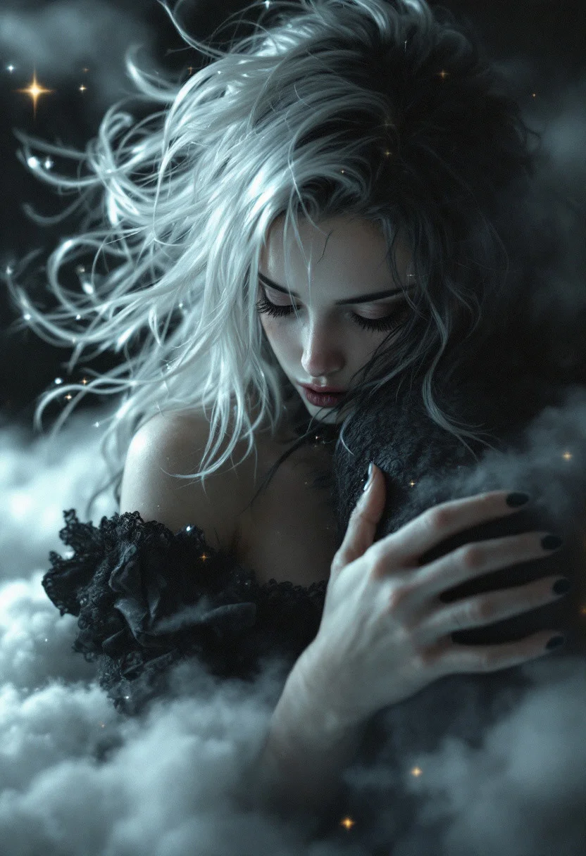 umbra-somber, nightmare-woman-black-whitehair-queen, cloudstrife-girl, graphic-adventure-cute, stuggle hugging a small wish, realistic intricately detailed photo, pastel-colors, dramatic ,, realistic, photogenic,, wide-angle lens, sharp-focus, motion-blur background, sparkle-glittering asymmetrical hair,