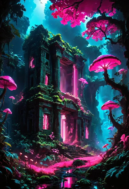 A vibrant jungle glowing with neon-colored foliage, where bioluminescent vines wrap around ancient ruins, and the ground is lit by radiant, glowing mushrooms in shades of blue, pink, and green.