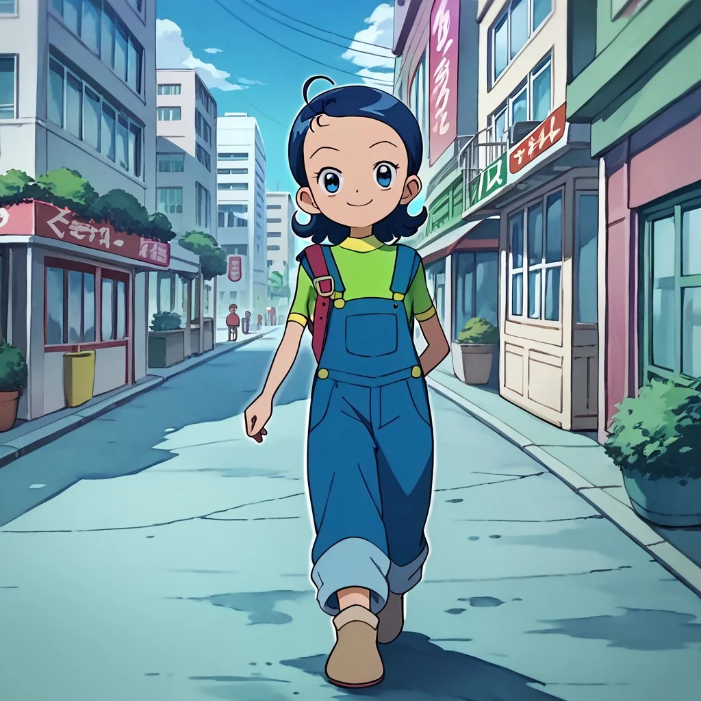 score_9, score_8_up, score_7_up BREAK Aiko1, 1girl, short blue hair, blue eyes, blue overalls, short-sleeve green shirt with yellow accents, brown shoes, smiling at viewer, walking around city, city outdoors, city background,