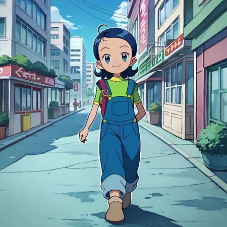 score_9, score_8_up, score_7_up BREAK Aiko1, 1girl, short blue hair, blue eyes, blue overalls, short-sleeve green shirt with yellow accents, brown shoes, smiling at viewer, walking around city, city outdoors, city background,