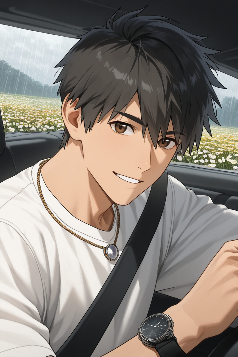 realistic shading, natural lighting, male focus, looking at viewer, expressive face, doujouts, black_doujouts_male hair, brown_doujouts_eyes, 1boy, parted lips, smiling, happy, shiny skin, driving, seatbelt, boyfriend cosplay, plain white shirt, necklace, wristwatch, car interior, raining outdoors, flower field, from side, dutch angle, dynamic angle, intricately detailed illustration, depth of field, masterpiece, best quality, amazing quality, very aesthetic, absurdres, newest, anime screencap