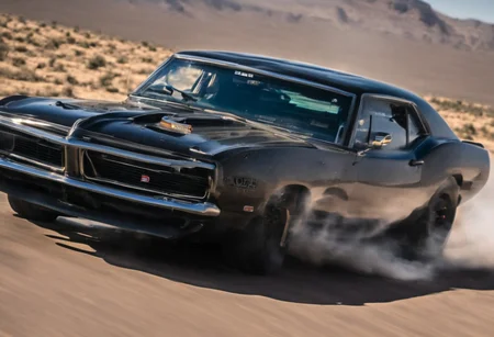 Create an ultra-detailed and realistic image of a race between 2 custom cars, created with parts from many muscle cars, with aerodynamic lines from 1972. The cars have tinted black windows. It is captured in motion with motion blur at full speed through a desert, daylight. Race between 2 cars. The photograph is captured with an Arri Alexa camera, with a zoom lens. <lora:Vintage Muscle Car SDXL:1>