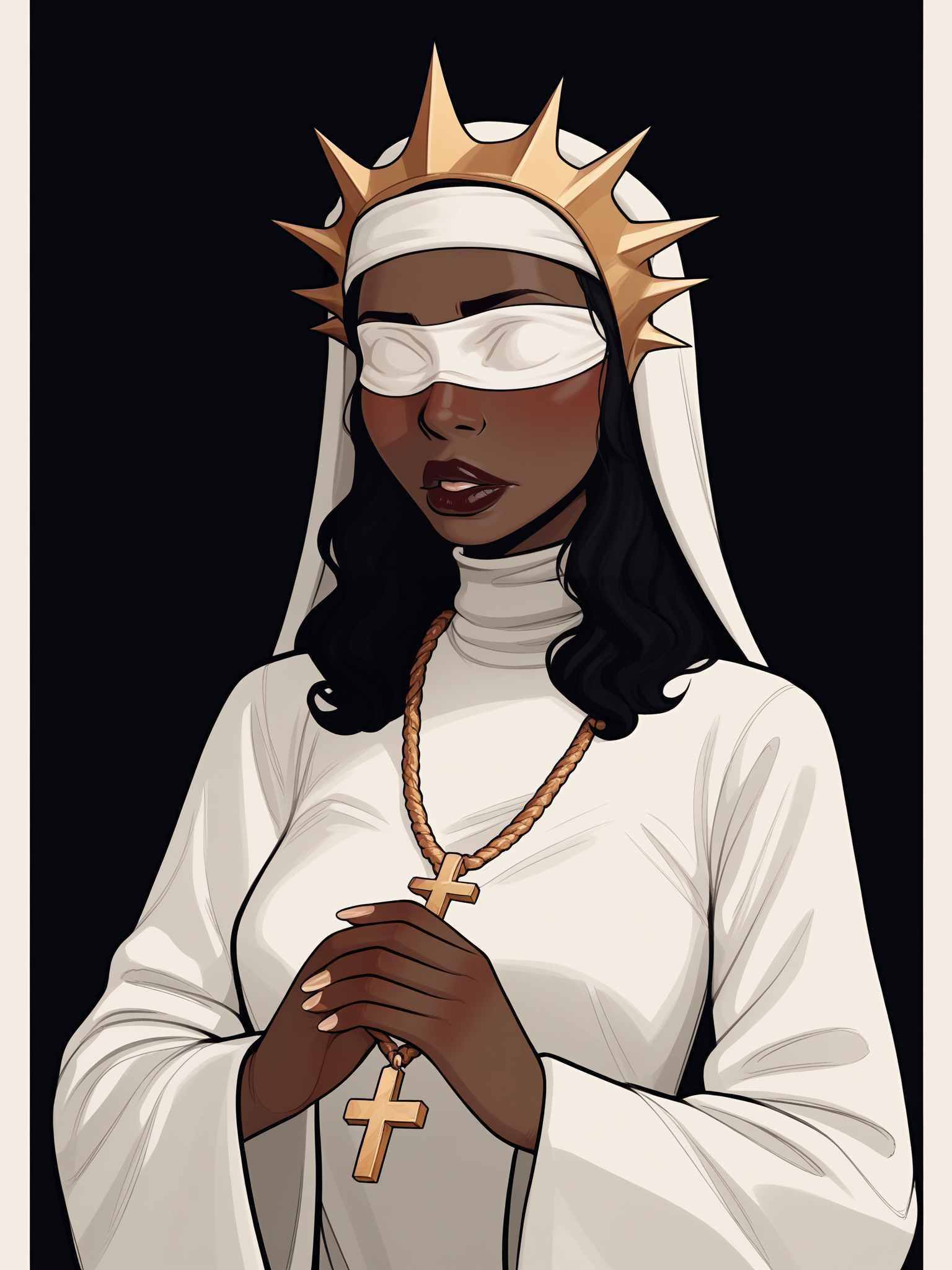 score_9, score_8_up, score_7_up, score_6_up, score_5_up, score_4_up, rating_explicit,
BREAK
1girl, dark skin, white blindfold, dark red lips, black hair, wavy hair, thick lips, adult, mature,
BREAK
solo, standing, nun, white robe, ornate robe, gold trim, small breasts, curvy, gold crown of thorns, cross necklace, turtleneck,
BREAK
black background, <lora:Lunas-InCase-SDXL-A1:1>