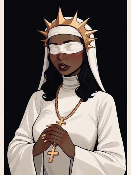 score_9, score_8_up, score_7_up, score_6_up, score_5_up, score_4_up, rating_explicit,
BREAK
1girl, dark skin, white blindfold, dark red lips, black hair, wavy hair, thick lips, adult, mature,
BREAK
solo, standing, nun, white robe, ornate robe, gold trim, small breasts, curvy, gold crown of thorns, cross necklace, turtleneck,
BREAK
black background, <lora:Lunas-InCase-SDXL-A1:1>