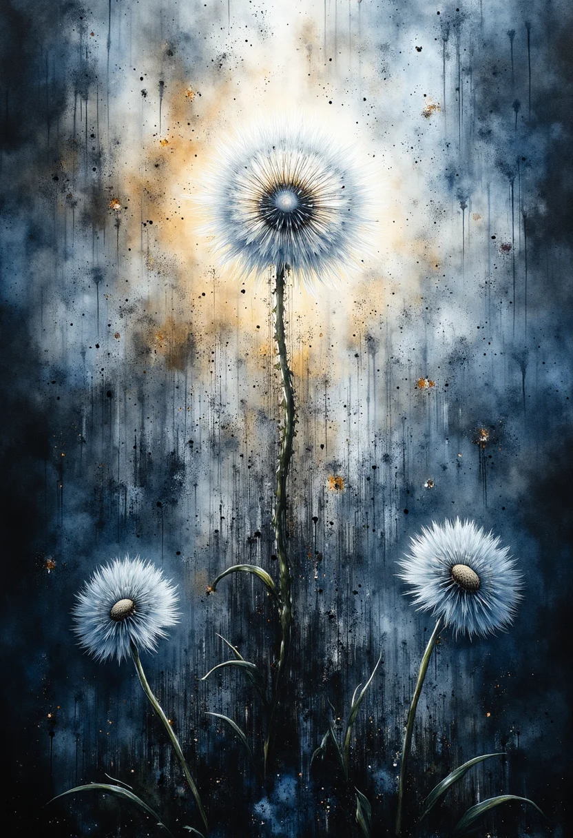 Step into a realm where dreams meet technology, as gigantic crystal dandelions emerge from a mystical webpage interface, combining natures perfect geometry with contemporary design. These ethereal blooms radiate their celestial petals, infusing the world with a surreal harmony of organic and digital elements. Plunge into a breathtaking visual journey with an abstract painting approach that immerses you in the dreamy gradient hues of twilight blues - a serene palette of cobalt fading into sapphire as if the sky were merging with the ocean depths. Every brushstroke captures the enchanting transition from day to night, establishing a profound sense of depth. The lighting envelopes the dandelions and the digital landscape with a ghostly glow, accentuating intricate details while casting ethereal reflections that dance across each surface, signifying the intricate connection between our tangible world and the limitless realms of imagination. Each pixel in this otherworldly composition tells a story - one of marvelous contrasts between the elegant grace of nature and the precision of human ingenuity. As you explore this fantastical canvas, let it awaken your inner explorer, taking you on a journey of self-discovery as you contemplate the intersection of reality and perception. This dreamlike fusion of the digital and the divine invites you to question the boundaries of existence and ignite your imagination with every stroke of wonder. ,<lora:flux/fav/paintart-style-015-v1-0-flux.safetensors:1.0:1.0>