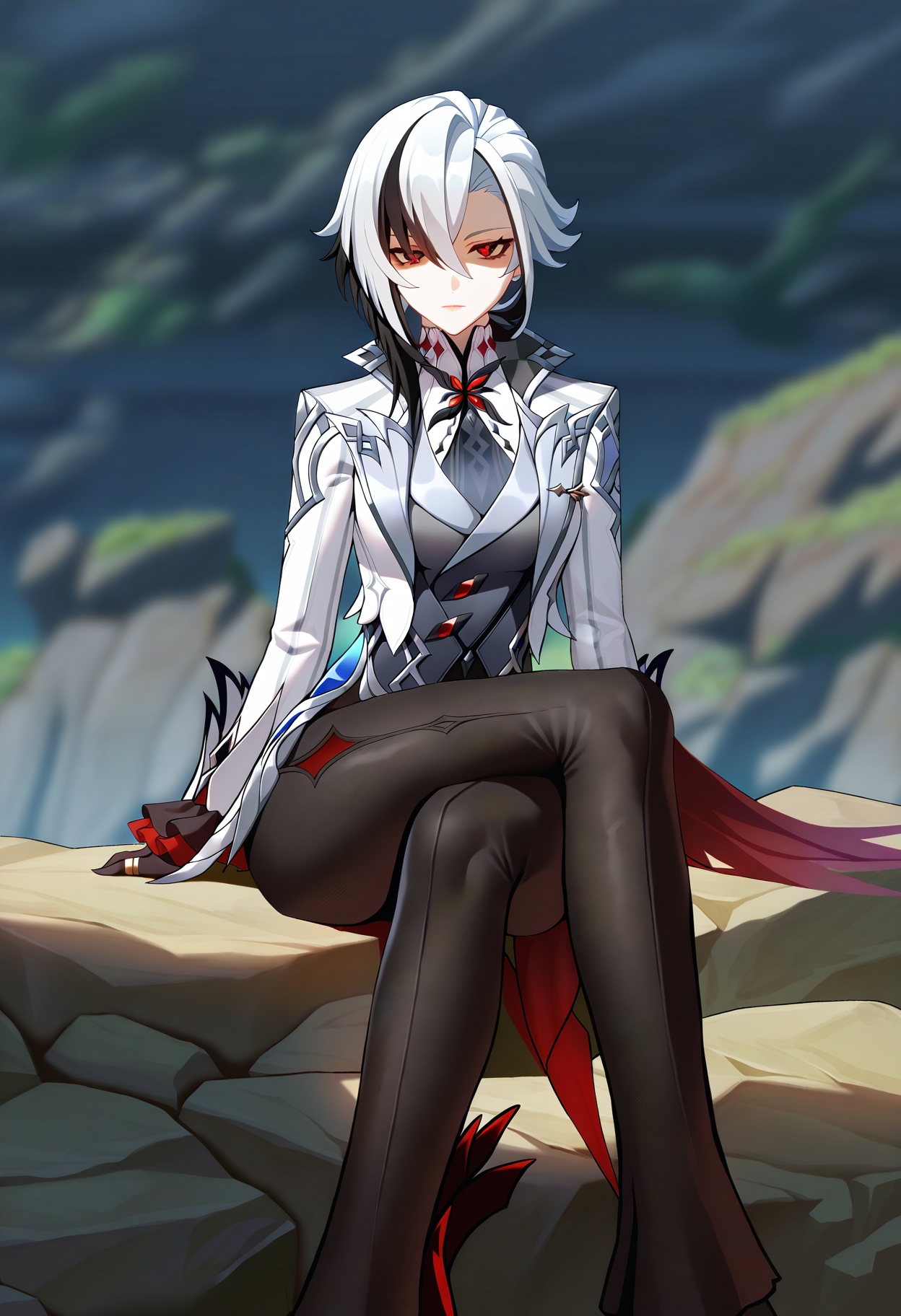 1girl,arlecchino \(genshin impact\),<lora:mx2j style locon:1>,mx2j style,looking at viewer,expressionless,shaded face,sitting on rock,crossed legs,masterpiece,best quality,very aesthetic,highres,absurdres,