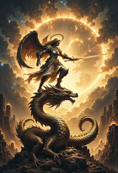 Angelic figure, balancing on the horn of a golden dragon, wielding a radiant sword, celestial battlefield, glowing halo <lora:Magic_of_Art_\(FLUX\).safetensors:0.75>, <lora:Elden_Ring_-_Yoshitaka_Amano.safetensors:1.0>, <lora:Movie_Portrait.safetensors:0.6>, <lora:- Flux1 - soothing_atmo_V2.0.safetensors:0.3>, <lora:lith_mimosa_kiel_grw134_FLUX.safetensors:0.5>, <lora:flux_sparklycism.safetensors:0.5>, <lora:Dever_Flux_Enhancer.safetensors:0.5>,