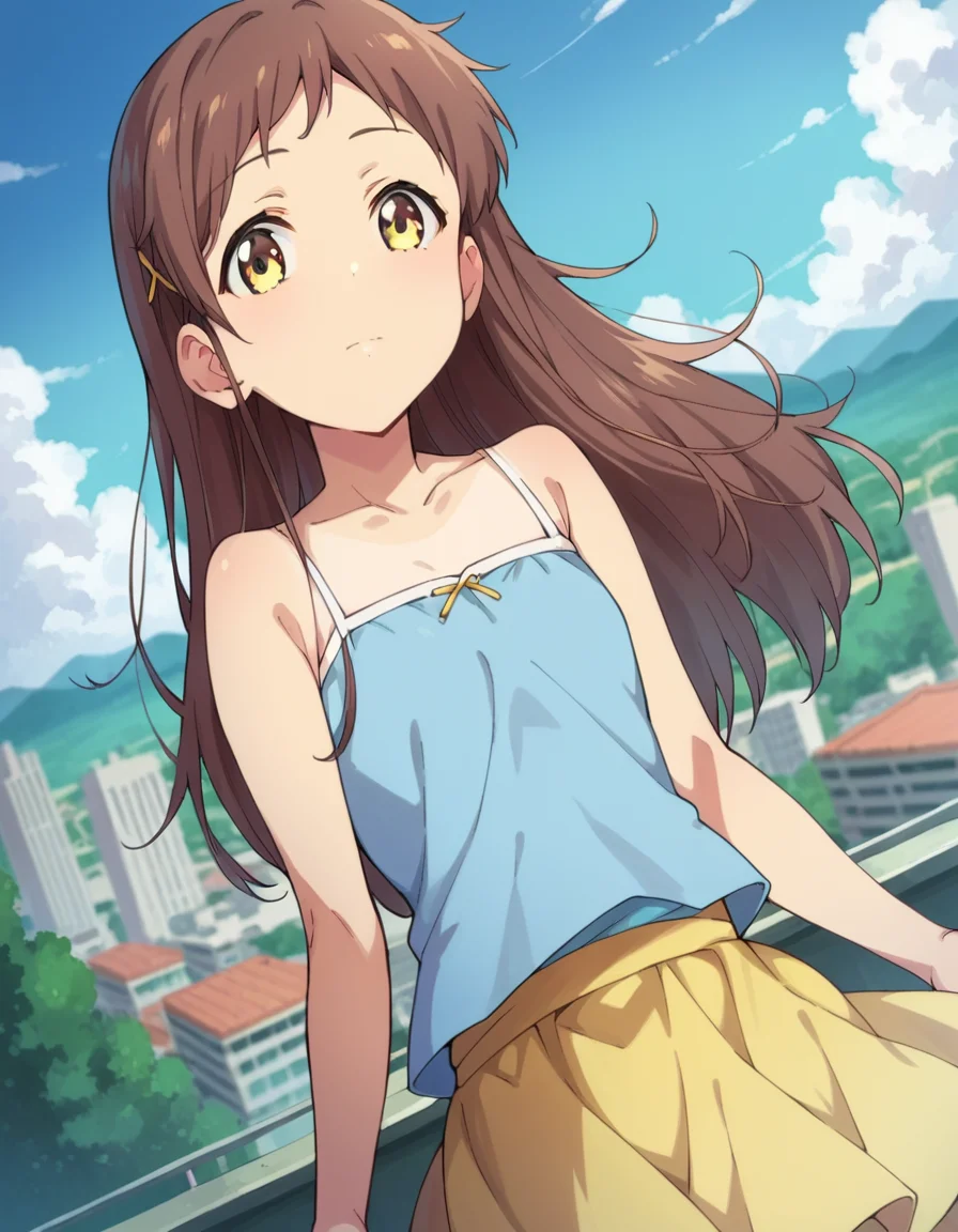 score_9, score_8_up, score_7_up, source_anime,
chiesayama, <lora:chie-sayama-ponyxl-lora-nochekaiser:1>
chie sayama, brown hair, yellow eyes, hair ornament, hairclip,
camisole, blue camisole, bare shoulders, collarbone, skirt, yellow skirt,
outdoors, cityscape,
looking at viewer, dutch angle, cowboy shot,