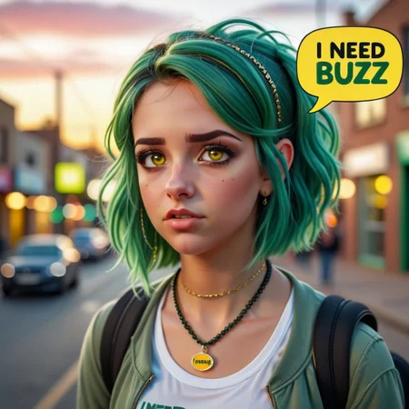 photorealistic image, a portrait of a cute girl with a necklace, yellow eyes and green hair, speech bubble text "I need buzz", detailed, 50mm photography,depth of field,sunset,street background,bokeh