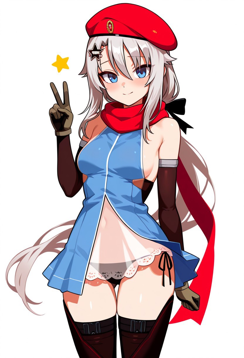 (9a-91 \(girls' frontline\), blue eyes, long hair, very long hair, silver hair, hair between eyes, hair ornament, star hair ornament), (red beret, red scarf, blue dress, sideboob, detached sleeves, black elbow gloves, brown gloves, see-through, black thighhighs, black panties, Side-tie panties), (standing, V sign, peace sign, looking at viewer), simple background, white background, cute, pretty, BREAK (score 9, score 8 up, score 7 up, source anime), (score_9, score_8 up, score_7 up, source_anime), (masterpiece, best quality, high quality, absurdres, absolutely resolution, incredibly absurdres, high res image, 8K),