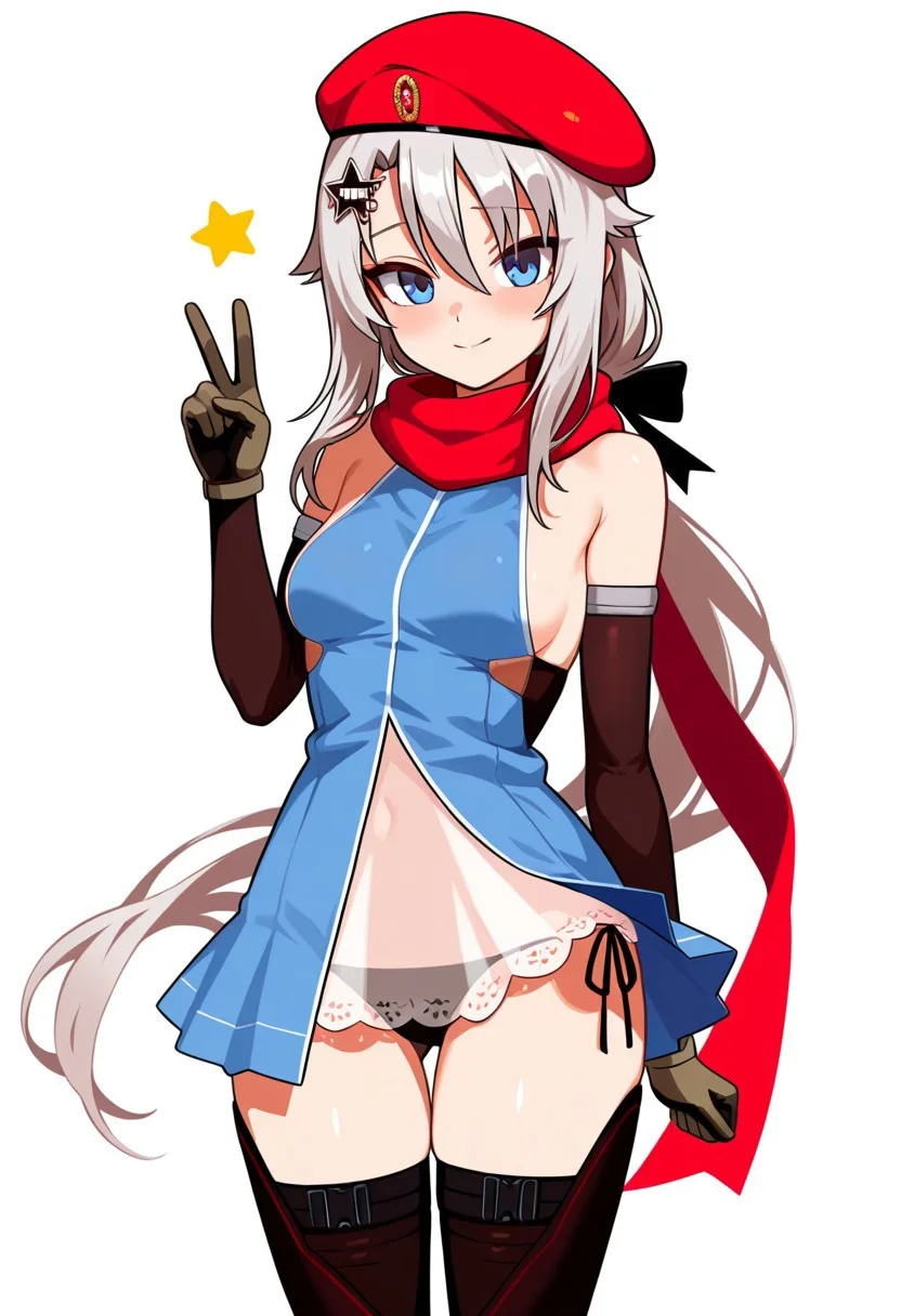 (9a-91 \(girls' frontline\), blue eyes, long hair, very long hair, silver hair, hair between eyes, hair ornament, star hair ornament), (red beret, red scarf, blue dress, sideboob, detached sleeves, black elbow gloves, brown gloves, see-through, black thighhighs, black panties, Side-tie panties), (standing, V sign, peace sign, looking at viewer), simple background, white background, cute, pretty, BREAK (score 9, score 8 up, score 7 up, source anime), (score_9, score_8 up, score_7 up, source_anime), (masterpiece, best quality, high quality, absurdres, absolutely resolution, incredibly absurdres, high res image, 8K),
