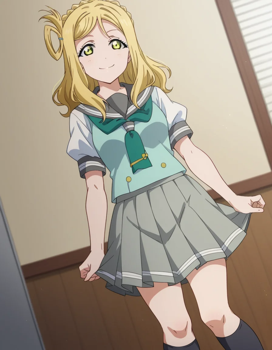score_9, score_8_up, score_7_up, source_anime, <lora:mari-ohara-s2-ponyxl-lora-nochekaiser:1>, mari ohara, long hair, bangs, blonde hair, hair ornament, yellow eyes, braid, medium hair, hair rings, crown braid,, skirt, school uniform, short sleeves, pleated skirt, serafuku, socks, neckerchief, kneehighs, black socks, green neckerchief, grey skirt, uranohoshi school uniform,, indoors, smile, looking at viewer, solo,, cowboy shot, dutch angle