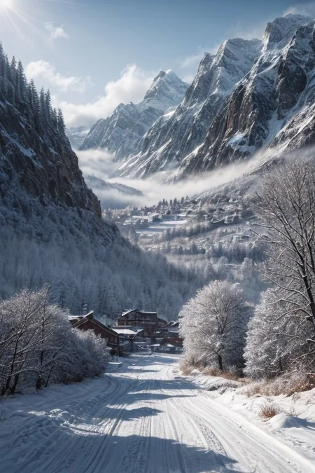 landscape, magic village in mountains, snow, snowing, morning haze, winter, sunlight,