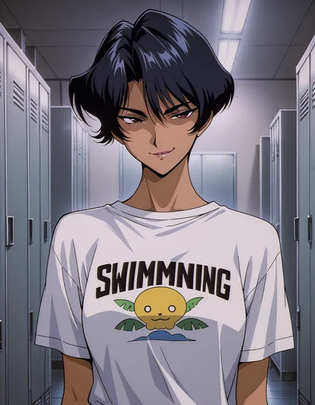 <lora:golden-boy-v2-illustrious-000030:0.8> hayami ayuko, white shirt, short sleeves, print shirt, 1girl, solo, smirk, locker room,
cinematic lighting, masterpiece, best quality