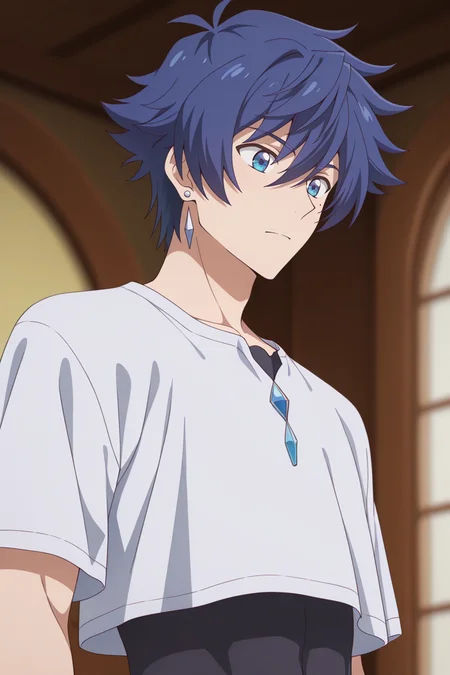 masterpiece, best quality, amazing quality,high resolution, intricate details,official style,depth of field,anime coloring,anime screencap, , , 1boy, solo, male focus, <lora:Allen_Westfelt:0.85>,allen westfelt,blue hair,blue eyes,spiky hair,short hair,mole,jewelry,upper body,cropped shirt,white shirt,short sleeves,from below