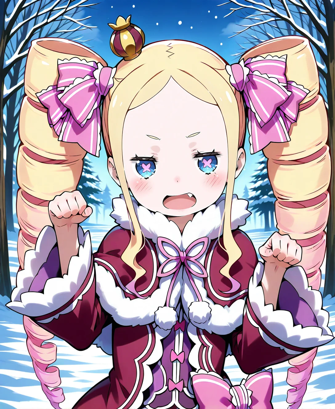 beatrice_re_zero, girl, long_hair, looking_at_viewer, blush, open_mouth, blue_eyes, blonde_hair, long_sleeves, ribbon, twintails, upper_body, pink_hair, hair_ribbon, multicolored_hair, sidelocks, outdoors, fang, coat, tree, symbol-shaped_pupils, fur_trim, gradient_hair, drill_hair, crown, twin_drills, snow, pink_ribbon, paw_pose, mini_crown, <lora:se_beatrice_re_zero:1>