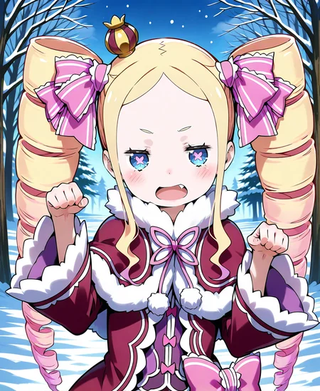 beatrice_re_zero, girl, long_hair, looking_at_viewer, blush, open_mouth, blue_eyes, blonde_hair, long_sleeves, ribbon, twintails, upper_body, pink_hair, hair_ribbon, multicolored_hair, sidelocks, outdoors, fang, coat, tree, symbol-shaped_pupils, fur_trim, gradient_hair, drill_hair, crown, twin_drills, snow, pink_ribbon, paw_pose, mini_crown, <lora:se_beatrice_re_zero:1>