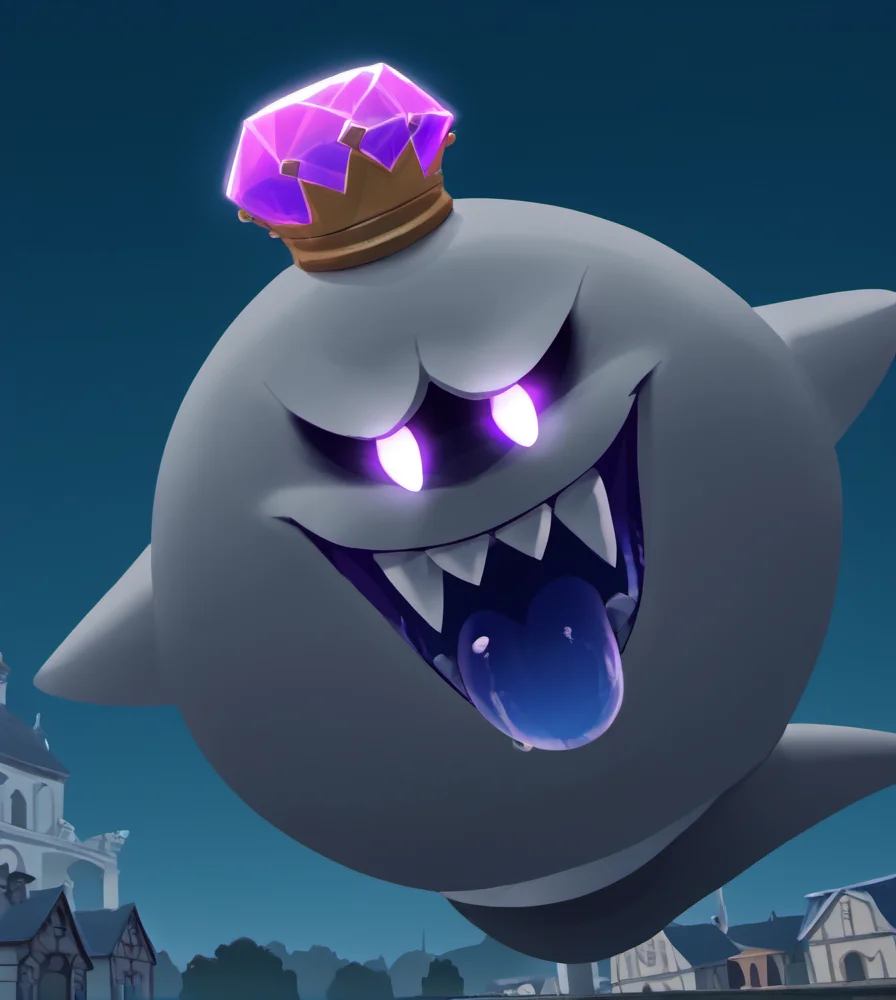 score_9, score_8_up, score_7_up, high res:1.5, digital media (artwork), lineless:1.5, dutch angle:0.7, k1ngb00, crown, open mouth, blue tongue purple eyes, glowing eyes, night, dark, mansion scenery, <lora:Boo_and_friends_-_Super_Mario:1>