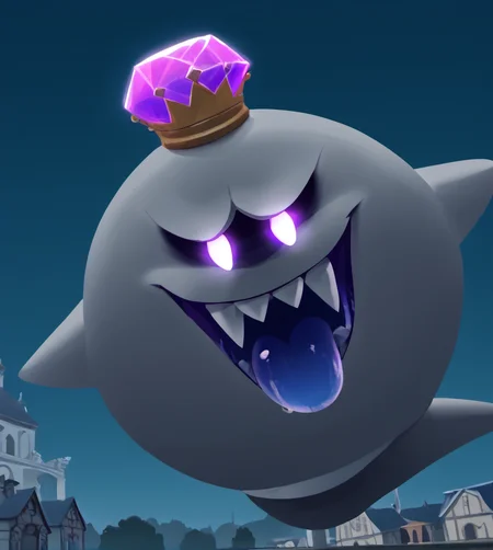 score_9, score_8_up, score_7_up, high res:1.5, digital media (artwork), lineless:1.5, dutch angle:0.7, k1ngb00, crown, open mouth, blue tongue purple eyes, glowing eyes, night, dark, mansion scenery, <lora:Boo_and_friends_-_Super_Mario:1>