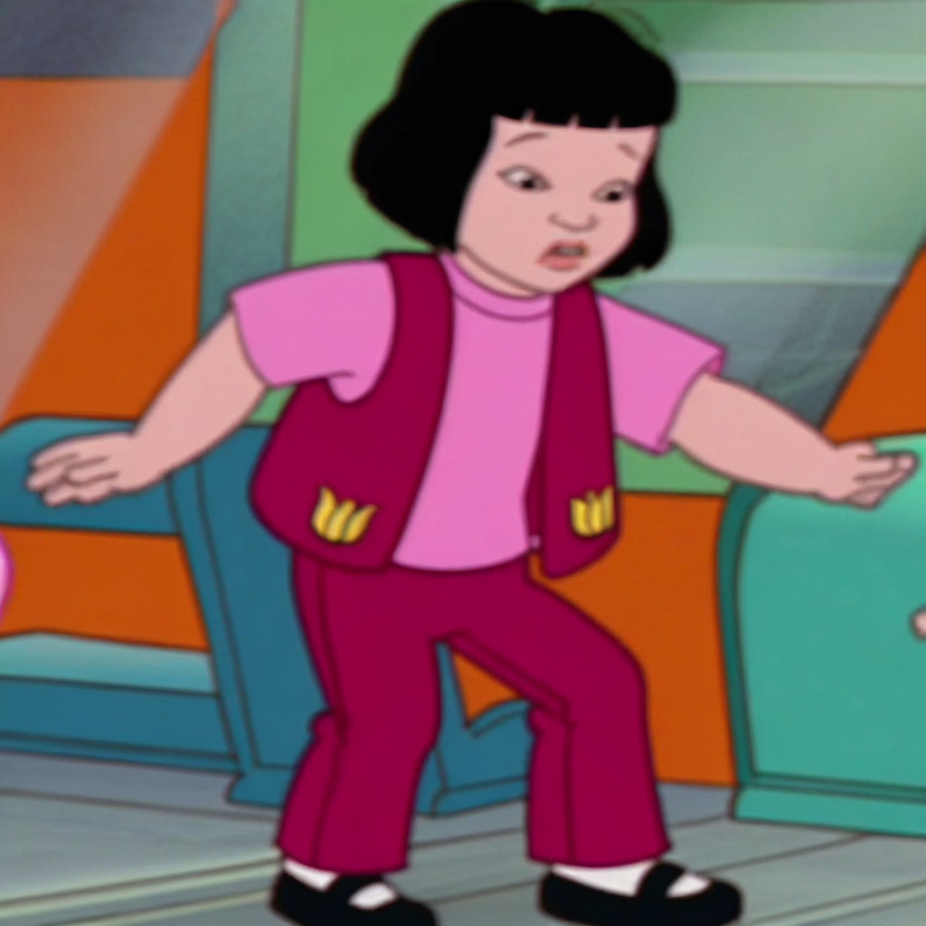 magenta pants, pale skin, black hair, yellow tulip logo, magenta vest, 1 girl, short hair, pink shirt, solo, white socks