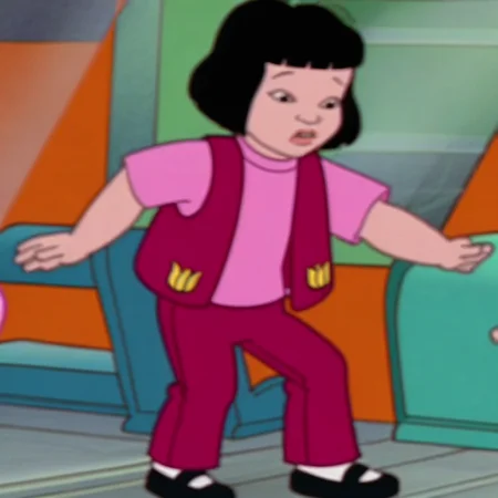 magenta pants, pale skin, black hair, yellow tulip logo, magenta vest, 1 girl, short hair, pink shirt, solo, white socks