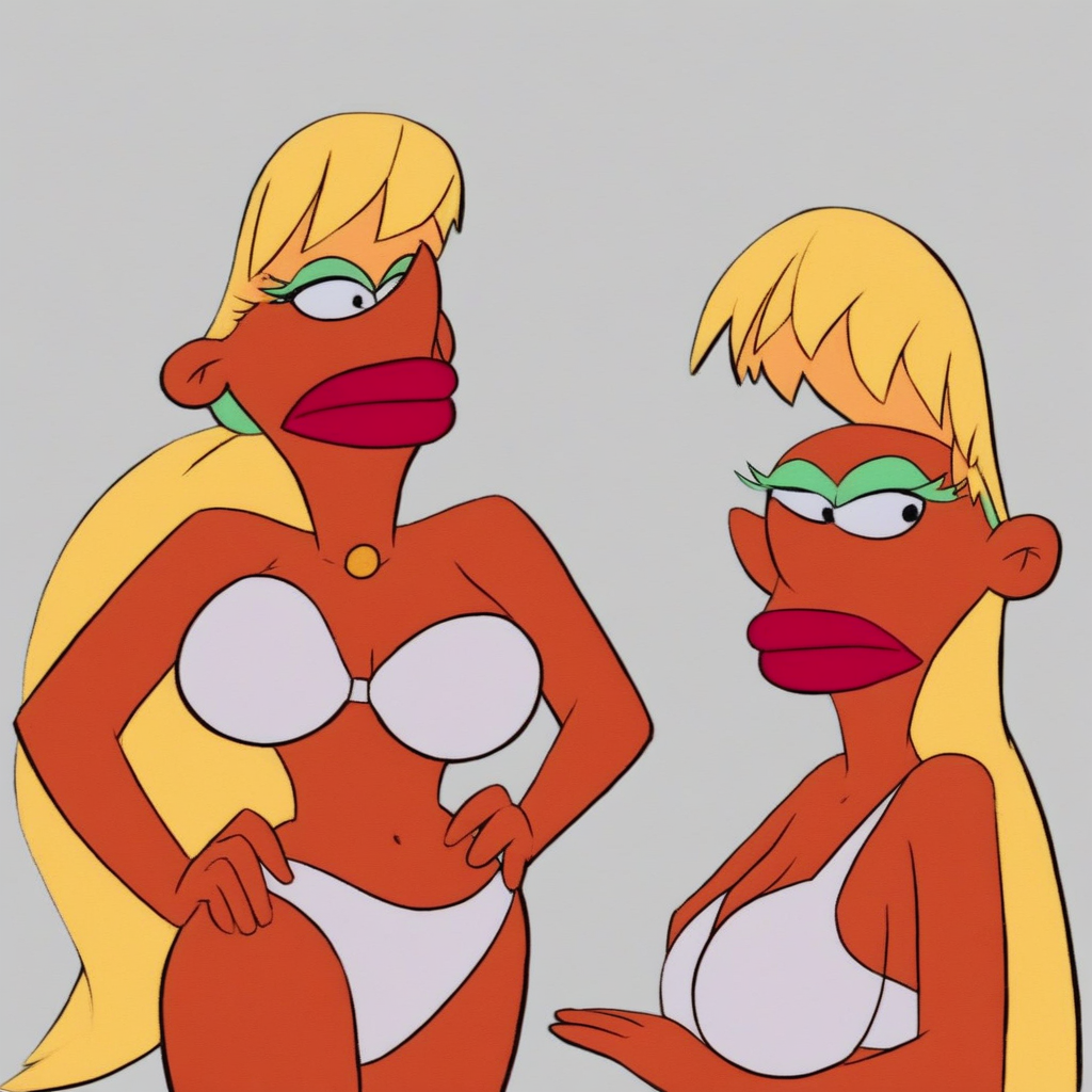 fr_blotz, 1girl, lipstick, Makeup, green Mascara, blonde hair, hand on hip, white bikini, long hair, tanned, large breasts, hand on hip, cowboy shot,