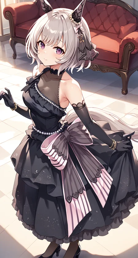 score_9,score_8_up,score_7_up,
official art,official style,game cg,megami magazine,
uncensored,
1girl,
crc wedding,curren chan (umamusume),
animal ears,blush,dress,elbow gloves,gloves,grey hair,hair ornament,
horse ears,horse tail,ribbon,short hair,tail,wedding dress,black dress,black gloves,
bow,ear covers,ear ornament,horse girl,official alternate costume,
purple eyes,detached sleeves,bare shoulders,black footwear,dress bow,
frilled dress,frills,high heels,see-through,see-through cleavage,see-through dress,
sleeveless,sleeveless dress,black choker,bracelet,choker,bangs,violet eyes,long dress,
standing,
<lora:umamusume_curren_chan_pony_v1.1:1>,