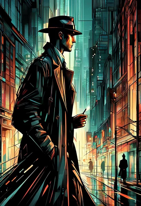 A hard-boiled noir detective in a fedora and trench coat stands under a streetlight on a rainy city street, smoke from a cigarette curling around him. Art Deco buildings, shadows, reflections, extreme close-up, portrait, moody lighting.