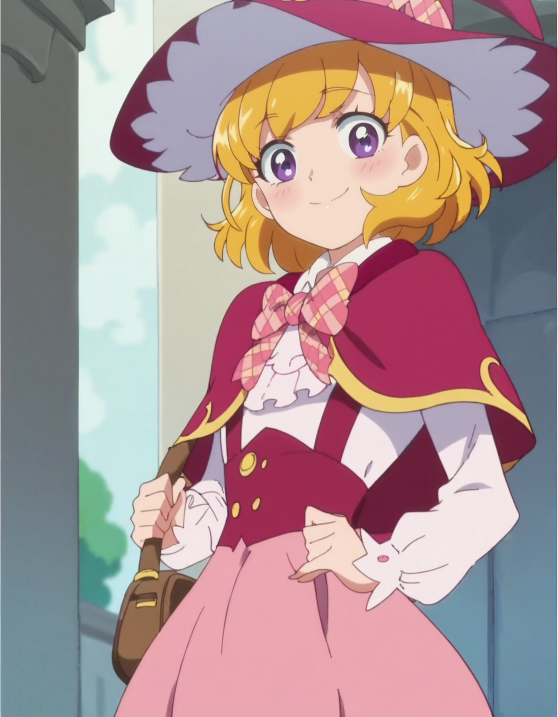 score_9, score_8_up, score_7_up, anime screencap, solo,1girl,asahinamirai, purple eyes,blonde hair,school uniform, witch, pink witch hat, pink skirt,capelet,cowboy shot,smile,blush,looking at viewer<lora:asahinamirai:0.8>