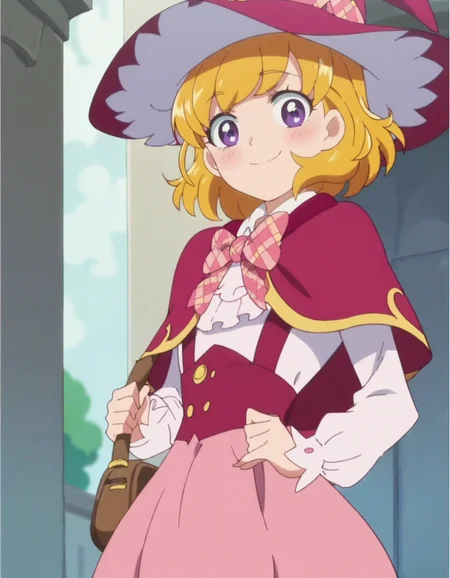 score_9, score_8_up, score_7_up, anime screencap, solo,1girl,asahinamirai, purple eyes,blonde hair,school uniform, witch, pink witch hat, pink skirt,capelet,cowboy shot,smile,blush,looking at viewer<lora:asahinamirai:0.8>