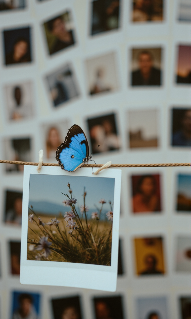 Polaroids hanging on a clothesline;  The background is a grid of other Polaroids and photos by different artists.  The focus is on the clothesline, on which a blue butterfly rests.<lora:flux1-D\araminta_k_flux_koda.safetensors:0.8:1.0> <lora:flux1-D\flux.1_lora_flyway_Epic-detail_v2.safetensors:0.8:1.0>
