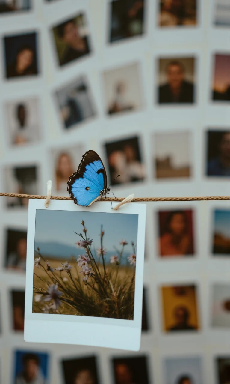 Polaroids hanging on a clothesline; The background is a grid of other Polaroids and photos by different artists. The focus is on the clothesline, on which a blue butterfly rests.<lora:flux1-D\araminta_k_flux_koda.safetensors:0.8:1.0> <lora:flux1-D\flux.1_lora_flyway_Epic-detail_v2.safetensors:0.8:1.0>