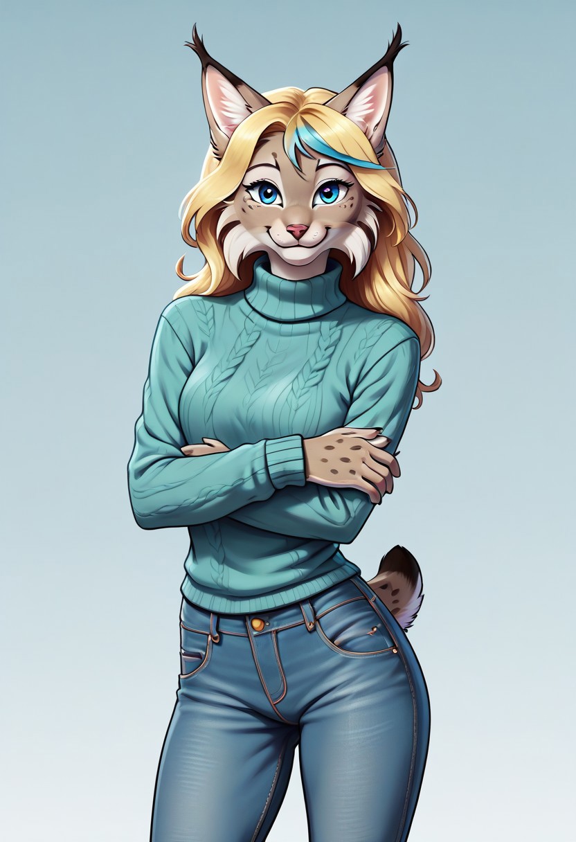 digital_media_(artwork) hi_res, score_9, score_8_up, score_7_up, score_6_up, score_5_up, score_4_up, rating_safe, beautiful, anthro, furry, female, detailed textured fur, fur tufts, fluffy, slim, slender, cute, sweater, baggy denim jeans, beautiful blue eyes, detailed eyes, smile, solo, SFW, lynx, long blonde hair, multicolored hair, streaked hair, absurdres, highres,
