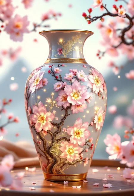 A mesmerizing 3D render of a ceramic vase masterpiece, exquisitely crafted with detailed cherry blossom designs that shimmer like golden threads. The vase is adorned with delicate, vibrant dewdrops that catch the light, creating a sense of depth and dimension. The background showcases a serene, idyllic setting with a gentle breeze blowing, causing the cherry blossoms to sway gracefully. The overall feel of this illustration is both luxurious and tranquil, encapsulating an atmosphere of beauty and serenity