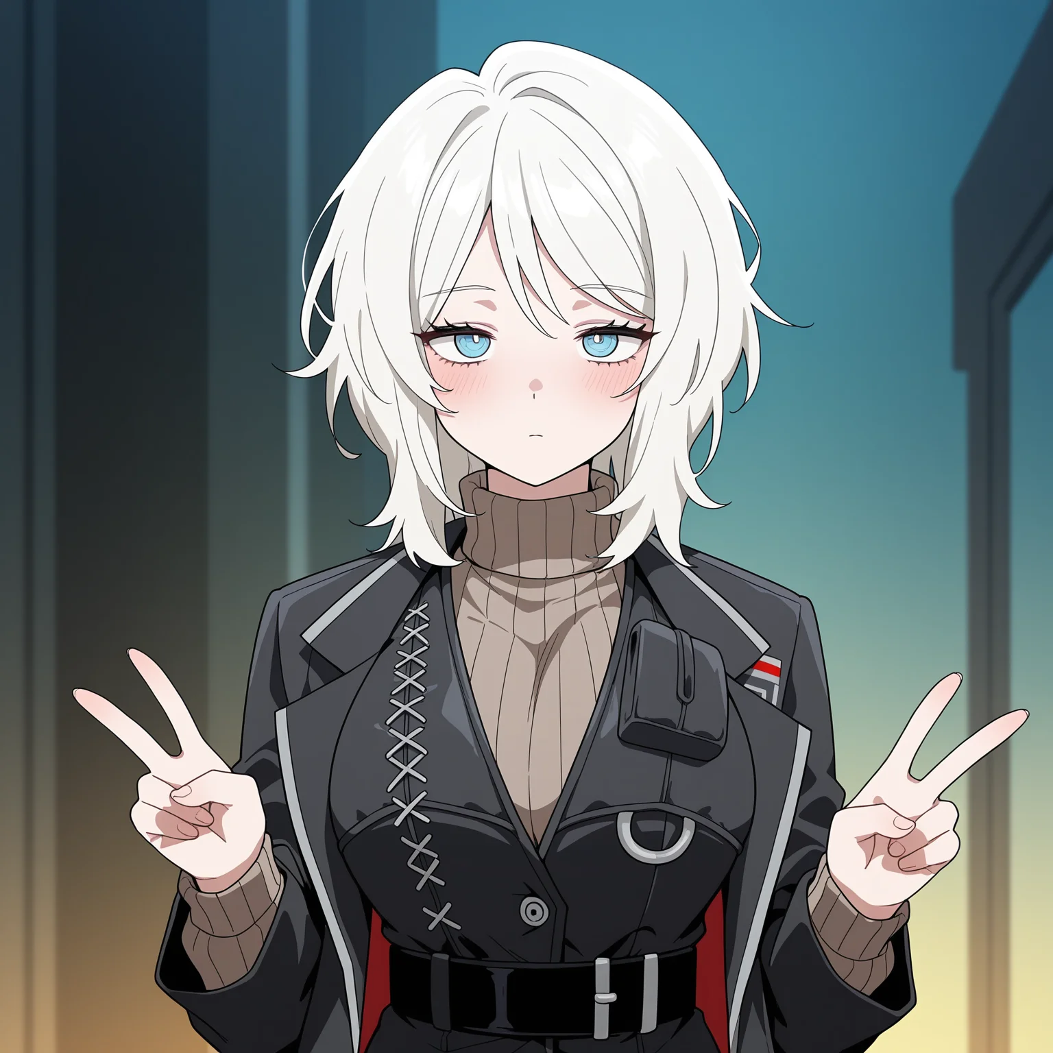 masterpiece, best quality, amazing quality, anime screencap, 1girl, solo, standing, upper body, double v, expressionless, blush, <lora:FaustLimbus:0.9>, FaustLimbus, medium hair, white hair, blue eyes, large breasts, black coat, black vest, turtleneck sweater, belt, black pants, black shoes,