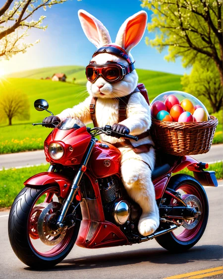 easter bunny wearing helmet and goggles on a motorcycle delivering a basket of eggs
<lora:dvr-trd:0.8> dvr-trd