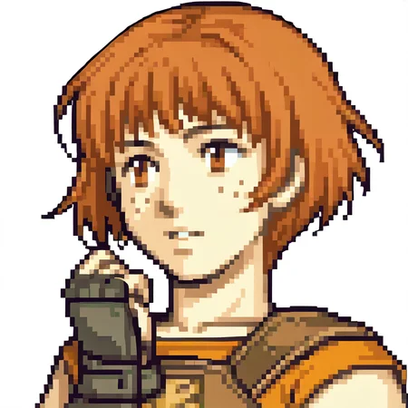 score_9, score_8_up, score_7_up, BREAK 1girl, solo, source_anime, <lora:NSDorothyFE6:1> NSDorothyFE6, freckles, brown hair, short hair, brown eyes, black fingerless gloves, armor, orange shirt, sleeveless, parted lips, <lora:zs_FEGBAPortraitsXL:1> fegbaportraits, portrait, white background