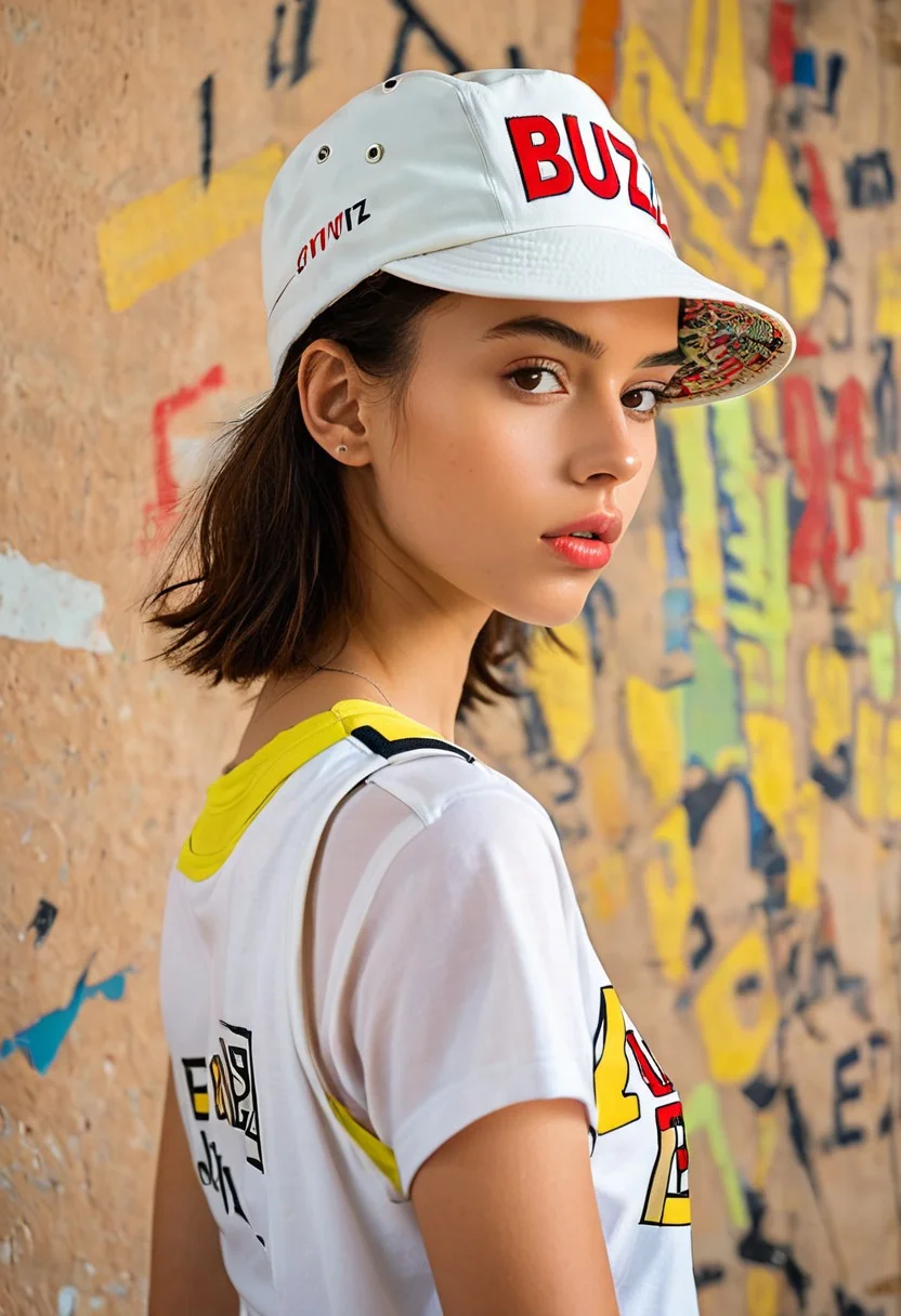 Egon Schiele artstyle, 19 year old hip female colombian supermodel wearing tanktop jersey with "BUZZ" written on it. The shirt has "buzz written on it", side profile, cute pastel bucket hat with civitai buzz logo, bold lightning ⚡ pattern on background wall