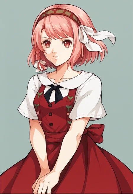 score_9, score_8_up, score_7_up, source_anime, BREAK <lora:zs_FE9PortraitsXL:1> fe9portraits, solo, cowboy shot, simple background, 1girl, <lora:LapisFE-pdxl:1> casLapis, short hair, side braid, two-tone hairband, hair ribbon, red pinafore dress