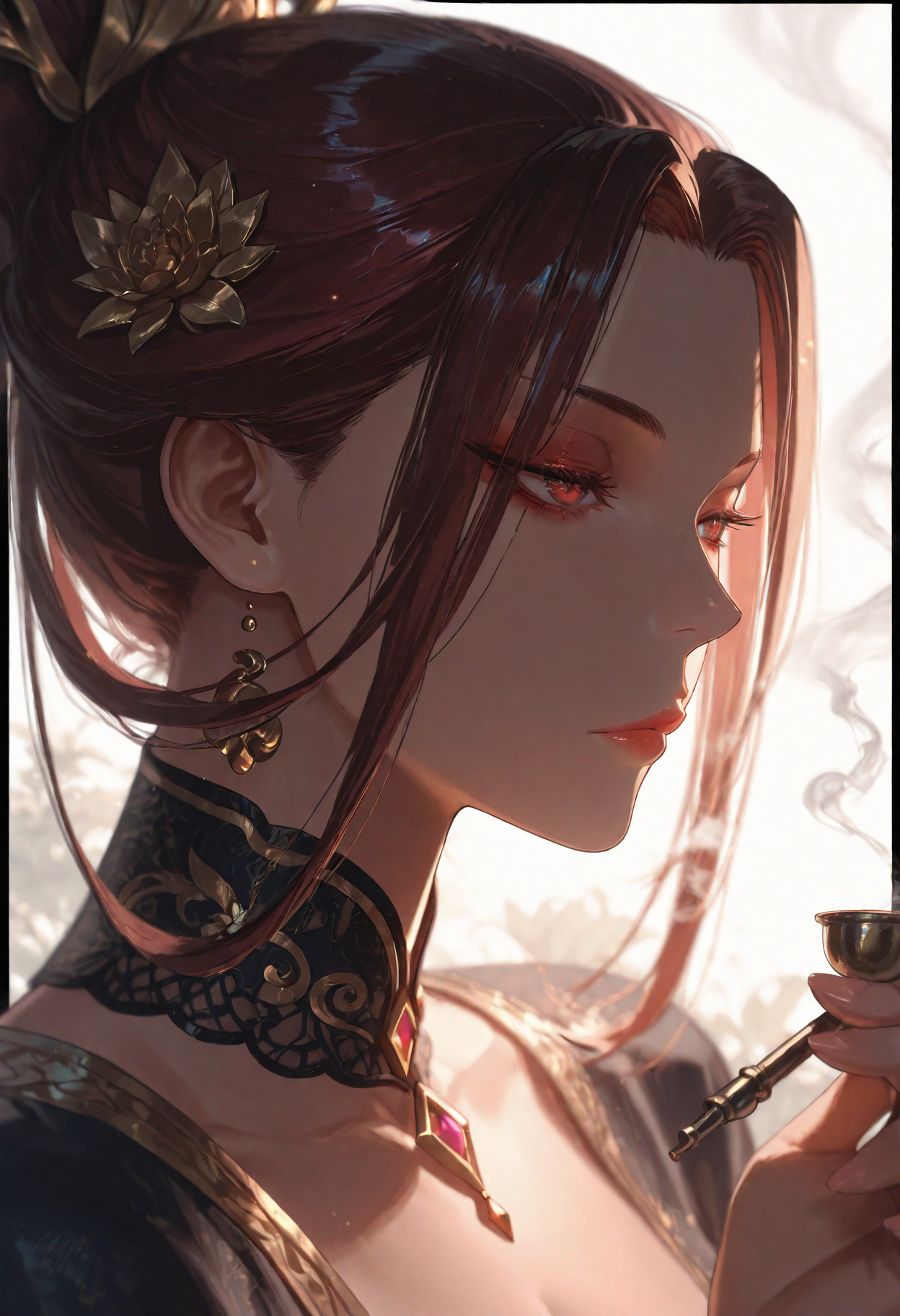 1girl, Xi Yao, default hair, border,expressionless,flower,hand up,holding,holding smoking pipe, lace collar,portrait,smoke,smoking,smoking pipe,solo, white background,
(Smooth Quality - Illustrious:0.8), masterpiece,best quality,amazing quality, absurdres, (impressionism), ultra-HD, 8k, fit body, highest quality, volumetric lighting, (cinematic composition:1.3), (sharp focus:1.2), (depth of field:1.2), (adult), wide eyes, (mature female:1.2), very aesthetic, smooth image, action lines, motion lines, motion blur, (detailed face and eyes:1.3),
<lora:illustrious_quality_modifiers_masterpieces_v1:0.6>  <lora:ponyv4_noob1_2_adamW:0.4> <lora:FINALE:0.4>  <lora:I_Am_The_Fated_Villain:0.6> <lora:g0thicILL:0.4> <lora:USNR STYLE_XL_loha:0.3>